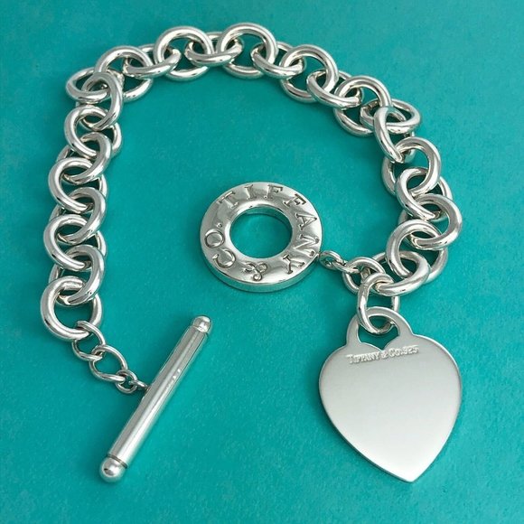 8.5" Tiffany & Co Blank Heart Tag Toggle Charm Bracelet GENUINE in Silver - Picture 2 of 9